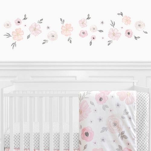 Watercolor Floral Pink and Grey Collection Peel and Stick Wall Decal Stickers - Set of 4 Sheets