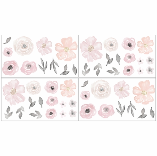Watercolor Floral Pink and Grey Collection Peel and Stick Wall Decal Stickers - Set of 4 Sheets - alt image 1