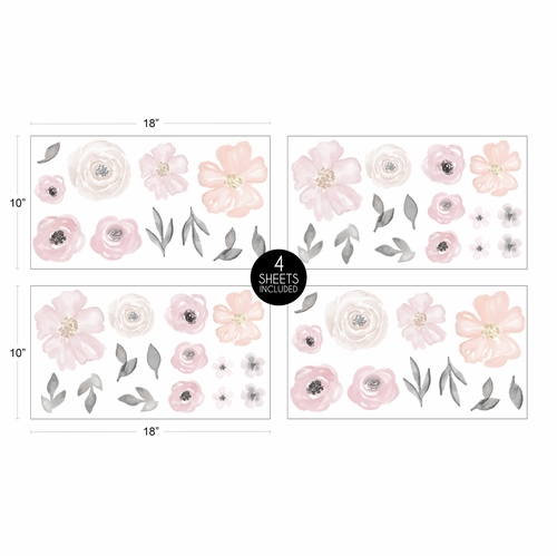 Watercolor Floral Pink and Grey Collection Peel and Stick Wall Decal Stickers - Set of 4 Sheets - alt image 3