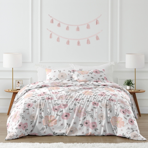 Watercolor Floral Pink and Grey Collection Queen Duvet Cover Bedding Set