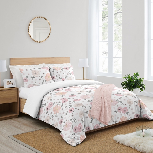 Watercolor Floral Pink and Grey Collection Queen Duvet Cover Bedding Set - alt image 1