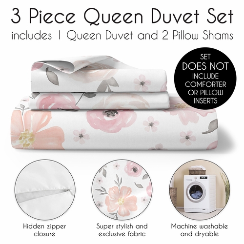 Watercolor Floral Pink and Grey Collection Queen Duvet Cover Bedding Set - alt image 2