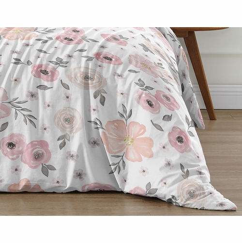 Watercolor Floral Pink and Grey Collection Queen Duvet Cover Bedding Set - alt image 5