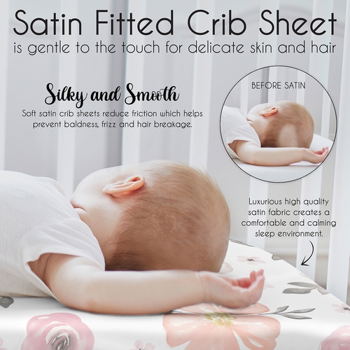 Watercolor Floral Pink and Grey Collection Satin Fitted Crib Sheet - alt image 4