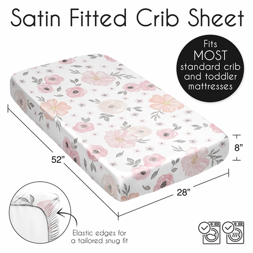 Watercolor Floral Pink and Grey Collection Satin Fitted Crib Sheet - alt image 5