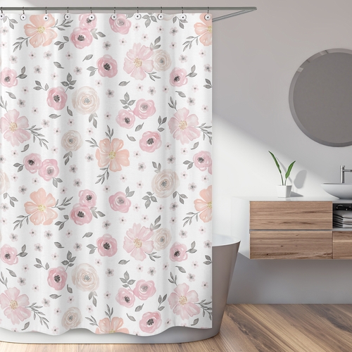 Watercolor Floral Pink and Grey Collection Shower Curtain - alt image 1