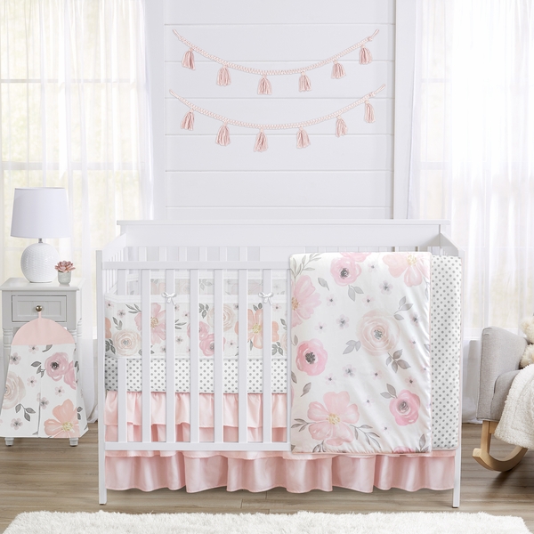 Watercolor Floral Pink and Grey Collection Sweet Jojo Designs 6 Piece Crib Bedding