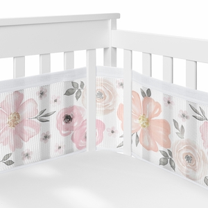 Watercolor Floral Pink and Grey Collection Sweet Jojo Designs + BreathableBaby Breathable Mini Mesh Crib Liner Anti Bumper Pad