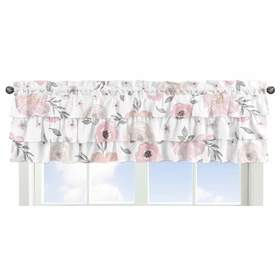 Watercolor Floral Pink and Grey Collection Tiered Window Valance