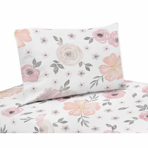 Watercolor Floral Pink and Grey Collection Twin Sheet Set