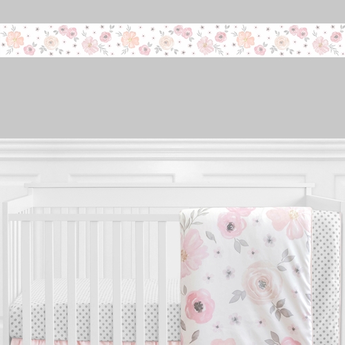 Watercolor Floral Pink and Grey Collection Wallpaper Border