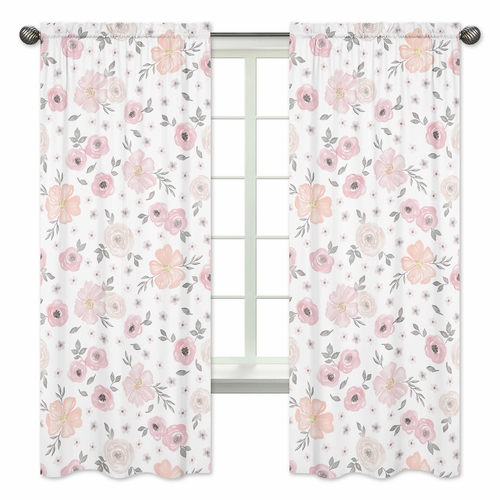 Watercolor Floral Pink and Grey Collection Window Panels - Set of 2