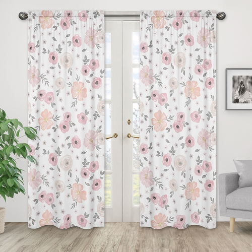 Watercolor Floral Pink and Grey Collection Window Panels - Set of 2 - alt image 1
