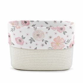 Watercolor Floral Pink and Grey Collection Woven Rope Storage Basket