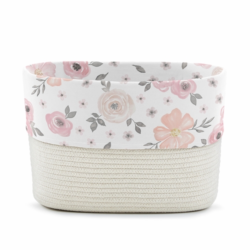 Watercolor Floral Pink and Grey Collection Woven Rope Storage Basket
