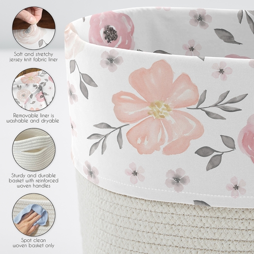Watercolor Floral Pink and Grey Collection Woven Rope Storage Basket - alt image 3