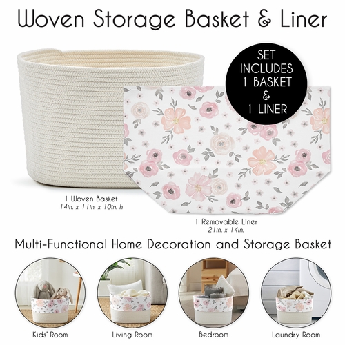 Watercolor Floral Pink and Grey Collection Woven Rope Storage Basket - alt image 4