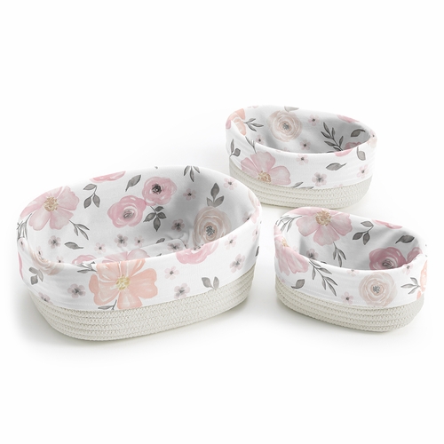 Watercolor Floral Pink and Grey Collection Woven Storage Basket Set