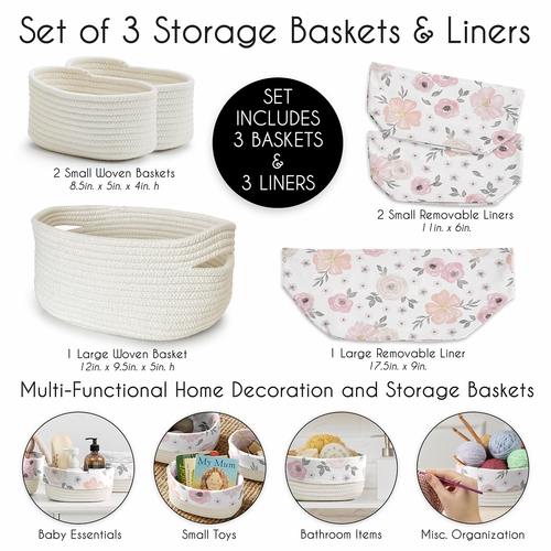 Watercolor Floral Pink and Grey Collection Woven Storage Basket Set - alt image 4