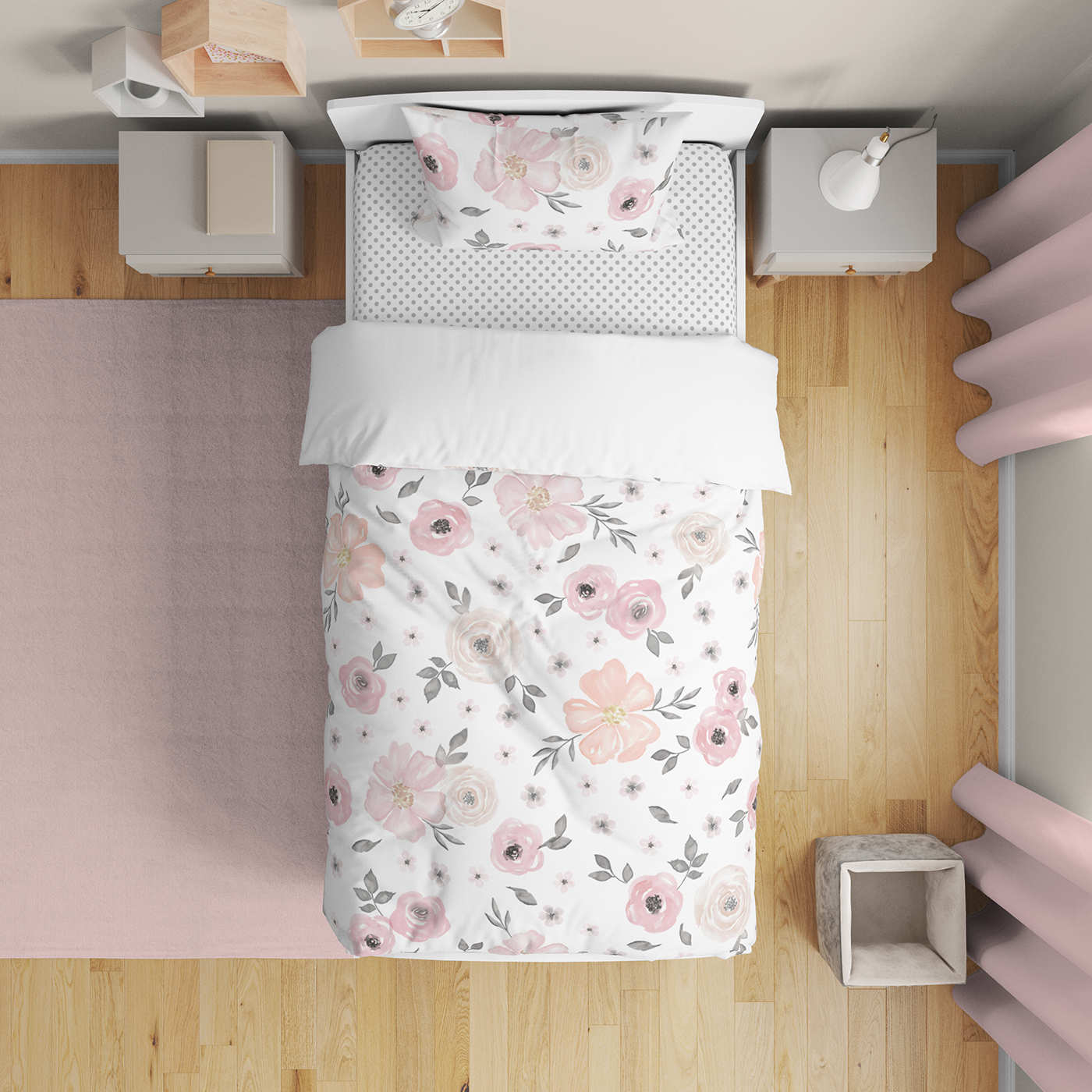 Watercolor Floral Pink and Grey Toddler Bedding Collection