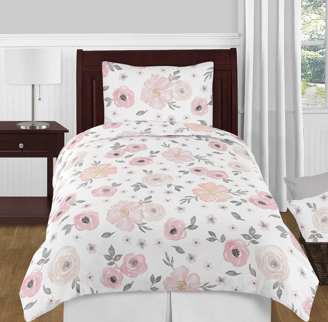 Watercolor Floral Pink and Grey Twin Bedding Collection