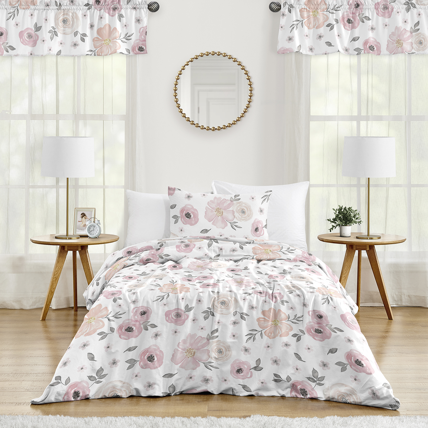 Watercolor Floral Pink and Grey Twin Bedding Collection