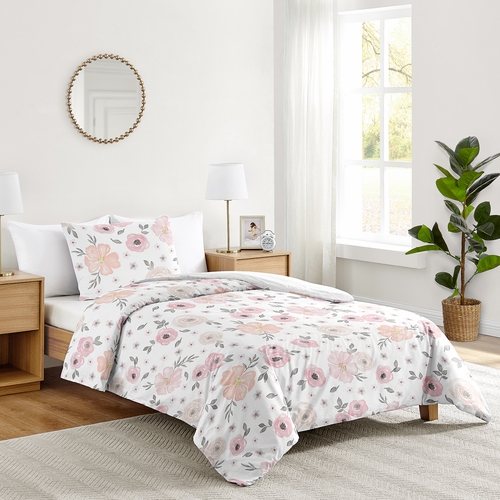 Watercolor Floral Pink and Grey Twin Bedding Collection - alt image 1