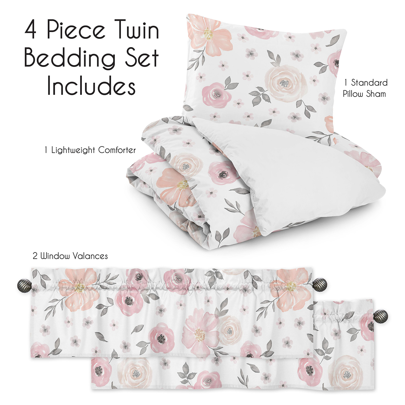 Watercolor Floral Pink and Grey Twin Bedding Collection