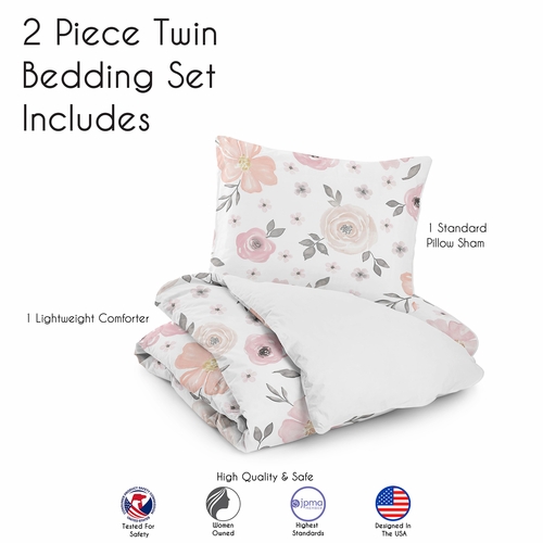 Watercolor Floral Pink and Grey Twin Bedding Collection - alt image 4