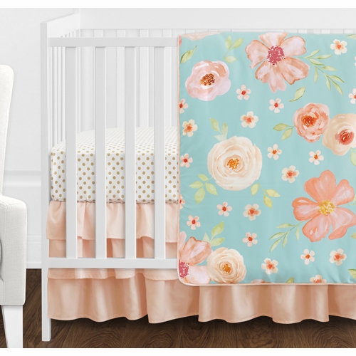 Watercolor Floral Turquoise and Peach Collection 11 Piece Bumperless Crib Bedding - alt image 1