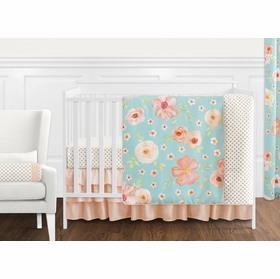 Watercolor Floral Turquoise and Peach Collection 11 Piece Bumperless Crib Bedding