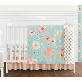 Watercolor Floral Turquoise and Peach Collection 4 Piece Bumperless Crib Bedding