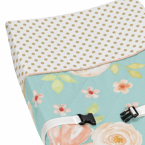 Watercolor Floral Turquoise and Peach Collection Changing Pad Cover - alt image 3