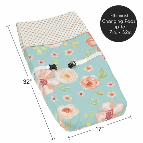 Watercolor Floral Turquoise and Peach Collection Changing Pad Cover - alt image 4