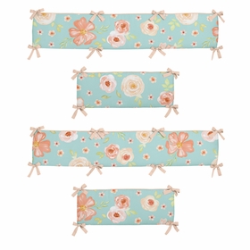 Watercolor Floral Turquoise and Peach Collection Crib Bumper Pad