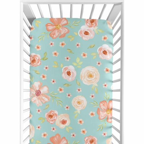 Watercolor Floral Turquoise and Peach Collection Crib Sheet