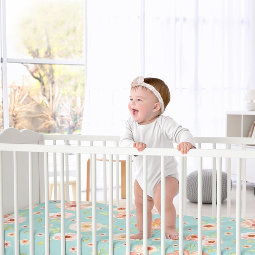 Watercolor Floral Turquoise and Peach Collection Crib Sheet - alt image 1