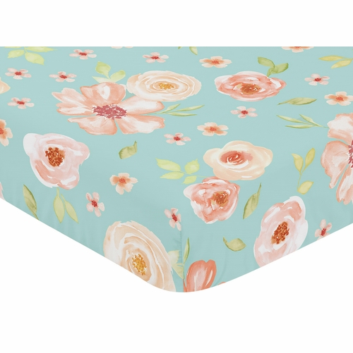 Watercolor Floral Turquoise and Peach Collection Crib Sheet - alt image 2
