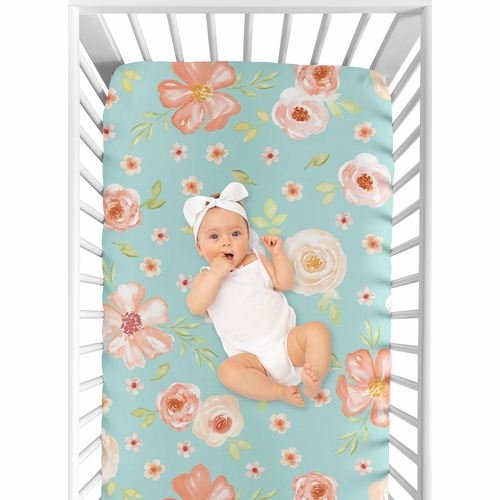 Watercolor Floral Turquoise and Peach Collection Crib Sheet - alt image 3