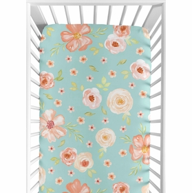 Watercolor Floral Turquoise and Peach Collection Crib Sheet
