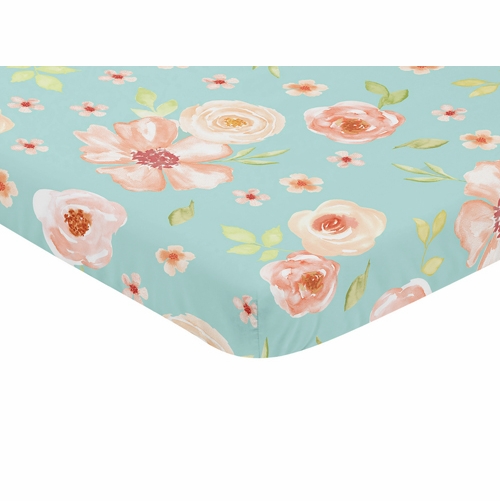 Watercolor Floral Turquoise and Peach Collection Mini Crib Sheet