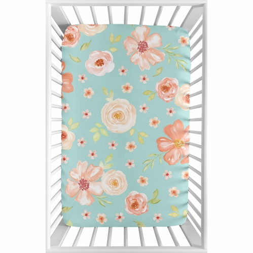 Watercolor Floral Turquoise and Peach Collection Mini Crib Sheet - alt image 1