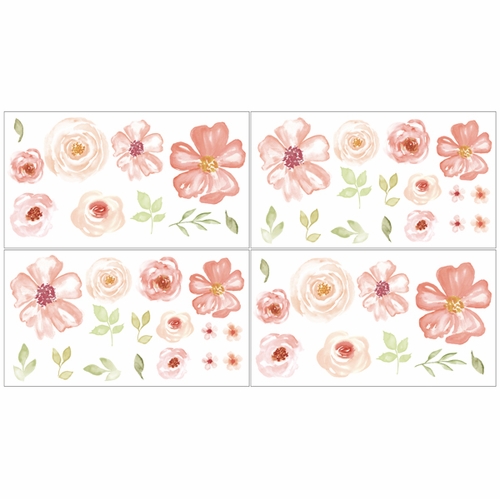 Watercolor Floral Turquoise and Peach Collection Peel and Stick Wall Decal Stickers - Set of 4 Sheets