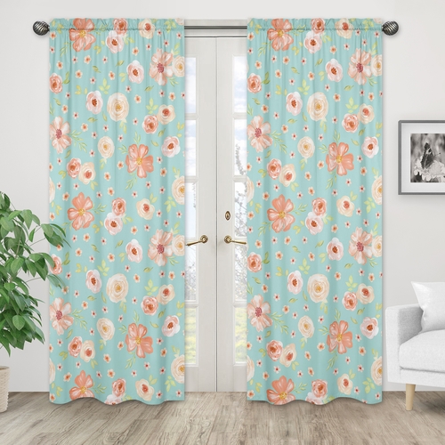 Watercolor Floral Turquoise and Peach Collection Window Panels - Set of 2 - alt image 1