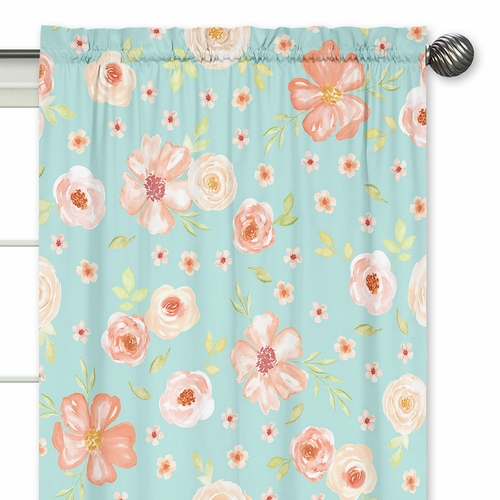 Watercolor Floral Turquoise and Peach Collection Window Panels - Set of 2 - alt image 2