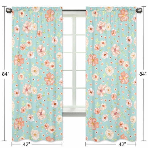Watercolor Floral Turquoise and Peach Collection Window Panels - Set of 2 - alt image 4