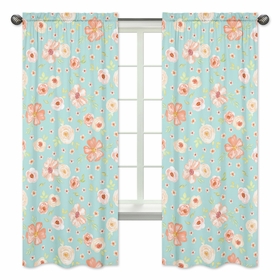 Watercolor Floral Turquoise and Peach Collection Window Panels - Set of 2