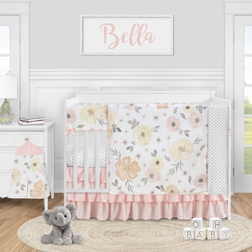 Watercolor Floral Yellow And Pink Collection 5 Piece Crib Bedding