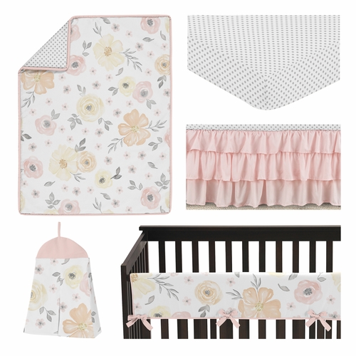 Watercolor Floral Yellow And Pink Collection 5 Piece Crib Bedding - alt image 1