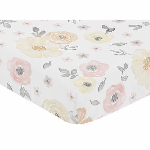 Watercolor Floral Yellow And Pink Collection Crib Sheet - alt image 1
